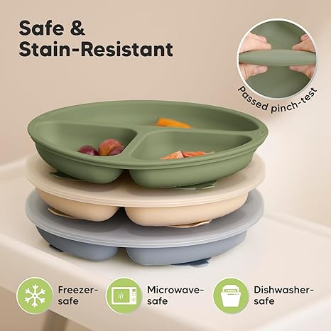 KeaBabies Suction Plates with Lids – 3-Pack (Slate)