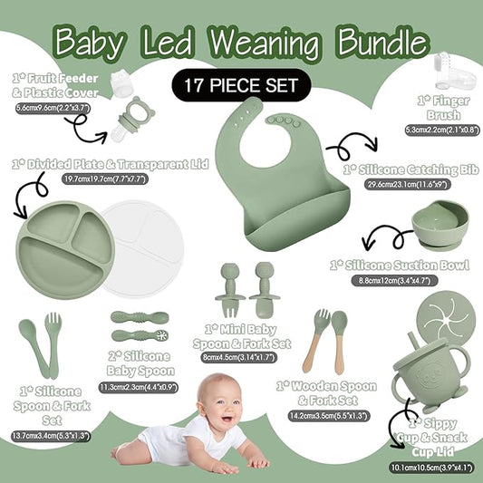 17 Piece Baby Led Weaning Silicone Feeding Set – Green