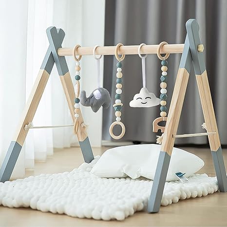 Wooden Foldable Baby Play Gym with 5 Toys (Grey)