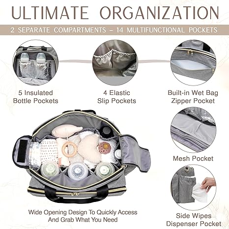 4-in-1 Convertible Baby Diaper Bag – Gray Travel Bag for Moms