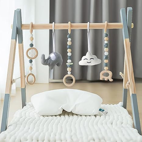 Wooden Foldable Baby Play Gym with 5 Toys (Grey)