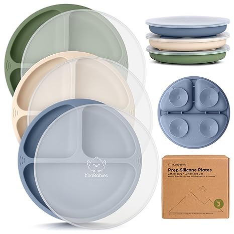 KeaBabies Suction Plates with Lids – 3-Pack (Slate)