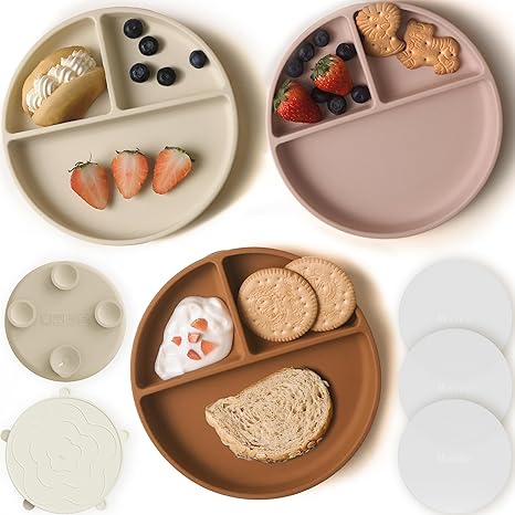 Moonkie Suction Plates for Baby – 3-Pack with Lids